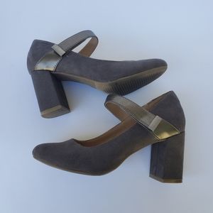 Mary Jane Stacked Suede Heels Gray 6.5